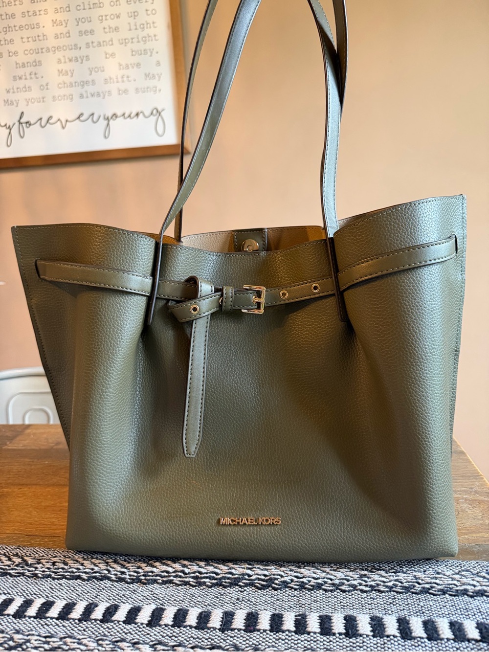 MICHAEL KORS Olive/Gray Leather Belt-Detail Tote - Picture 1 of 1